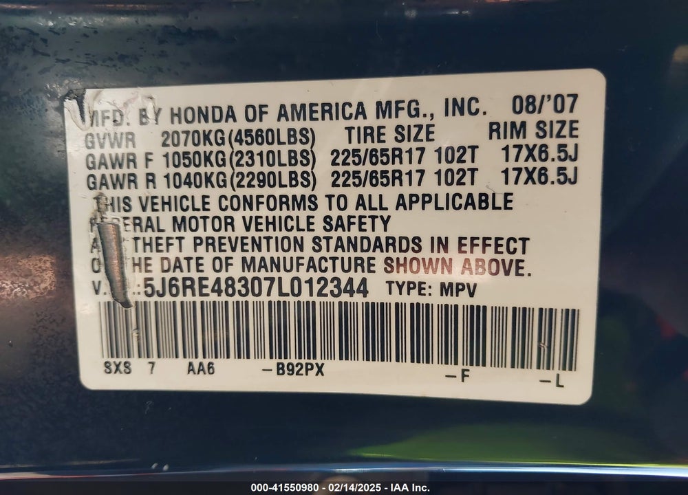 2007 HONDA CR-V LX VIN: 5J6RE48307L012344