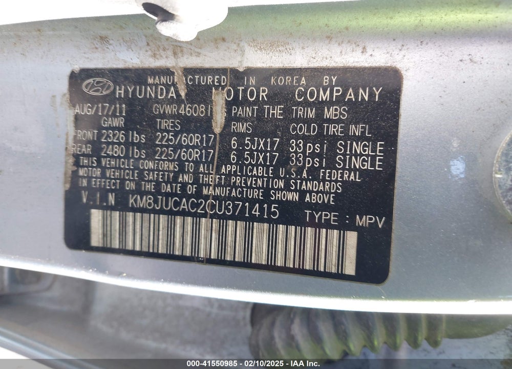 2012 HYUNDAI TUCSON GLS VIN: KM8JUCAC2CU371415