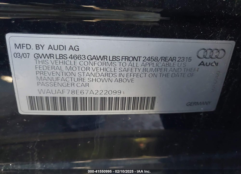 2007 AUDI A4 2.0T VIN: WAUAF78E67A222099
