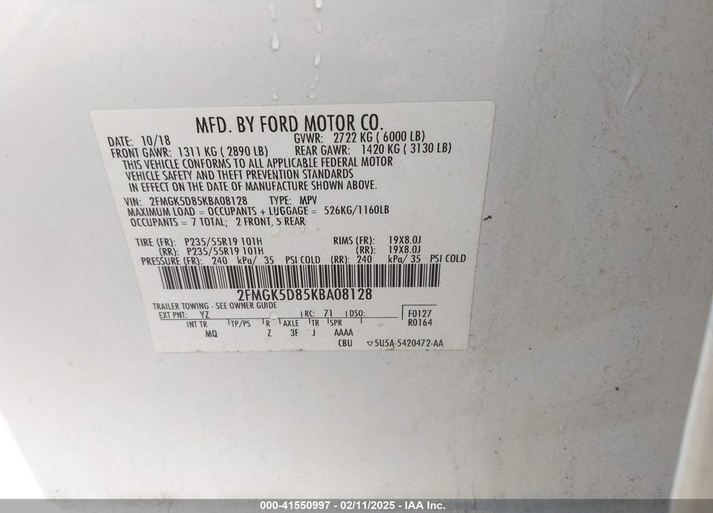 2019 FORD FLEX VIN: 2FMGK5D85KBA08128