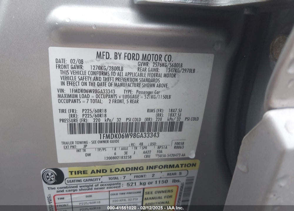 2008 FORD TAURUS X VIN: 1FMDK06W98GA33343