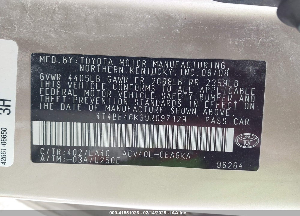 2009 TOYOTA CAMRY XLE VIN: 4T4BE46K39R097129