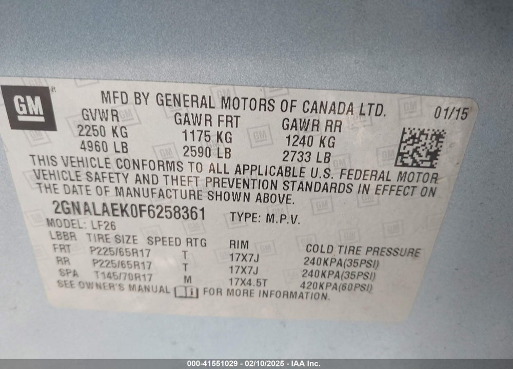 2015 CHEVROLET EQUINOX LS VIN: 2GNALAEK0F6258361