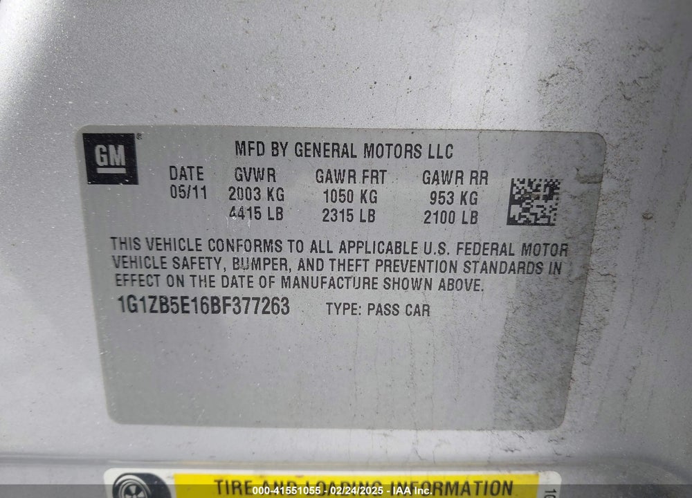 2011 CHEVROLET MALIBU VIN: 1G1ZB5E16BF377263
