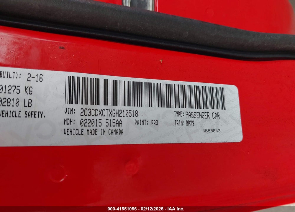 2016 DODGE CHARGER VIN: 2C3CDXCTXGH210518