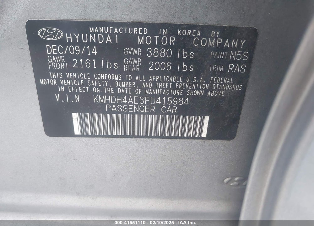 2015 HYUNDAI ELANTRA VIN: KMHDH4AE3FU415984