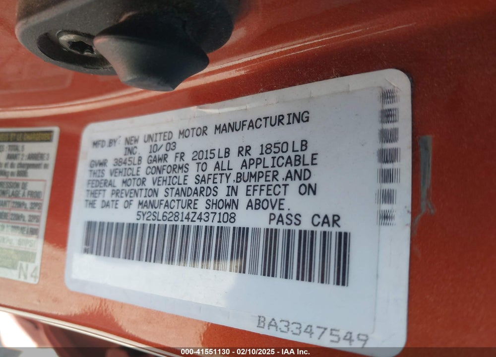 2004 PONTIAC VIBE VIN: 5Y2SL62814Z437108