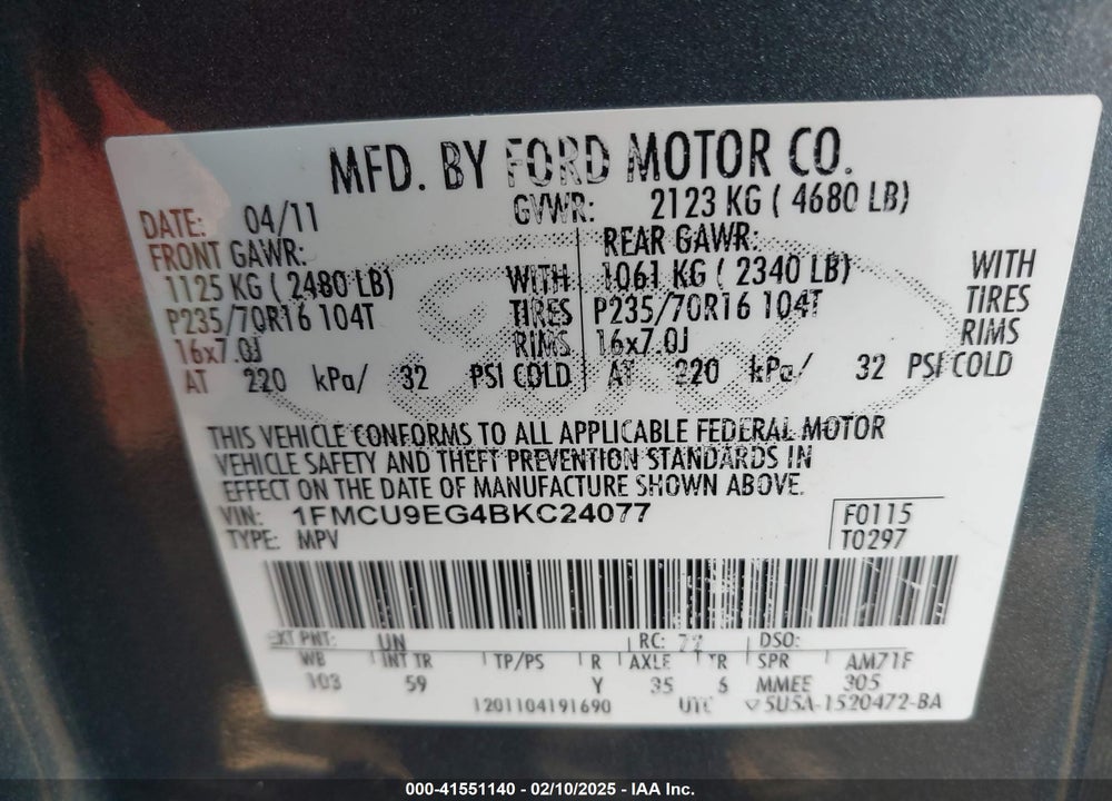 2011 FORD ESCAPE VIN: 1FMCU9EG4BKC24077