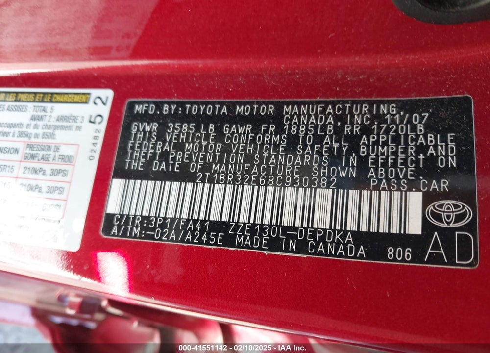 2008 TOYOTA COROLLA VIN: 2T1BR32E68C930382