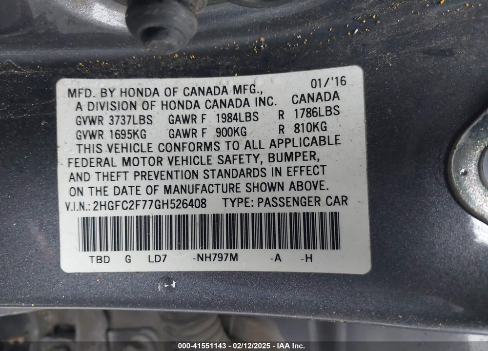 2016 HONDA CIVIC EX VIN: 2HGFC2F77GH526408