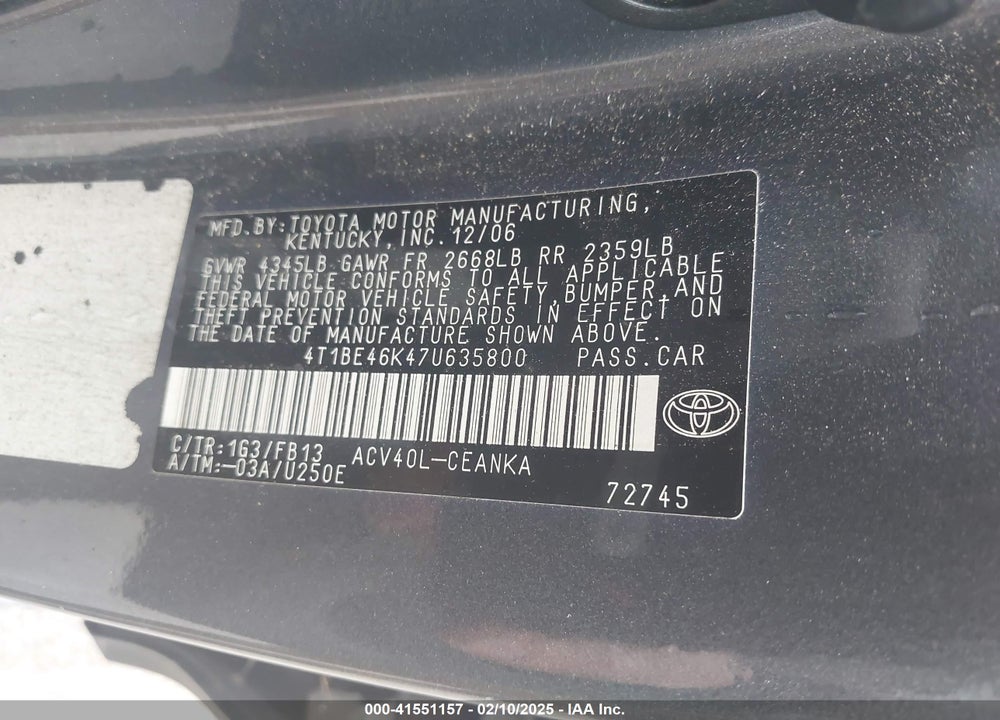 2007 TOYOTA CAMRY LE VIN: 4T1BE46K47U635800