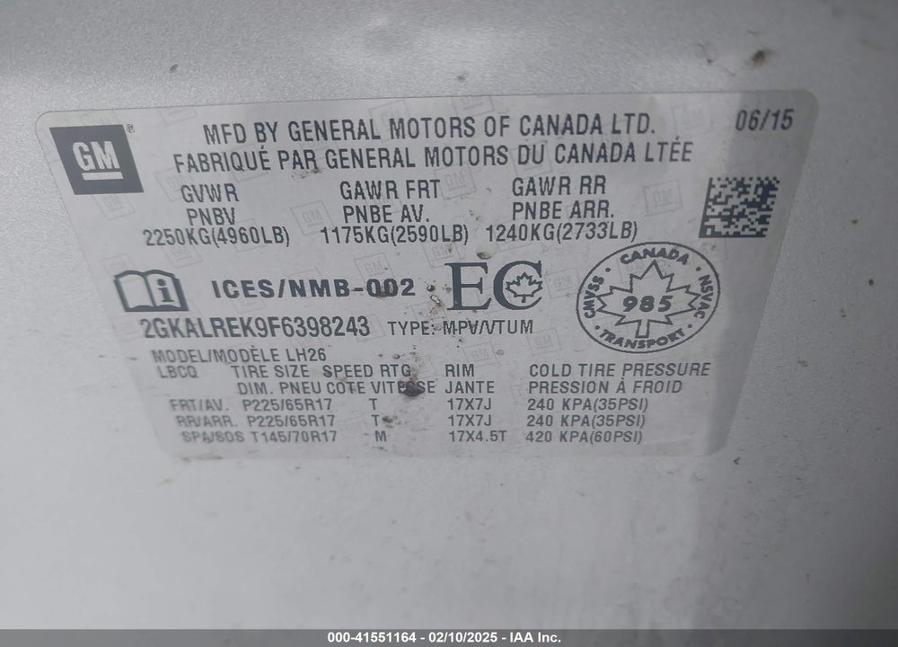 2015 GMC TERRAIN VIN: 2GKALREK9F6398243