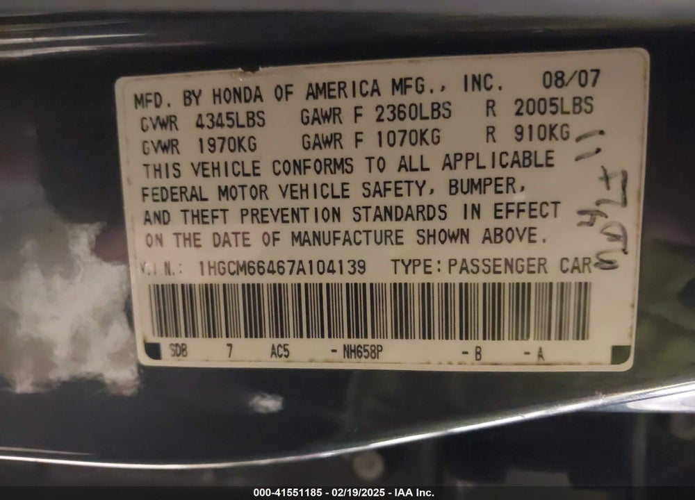 2007 HONDA ACCORD 3.0 SE VIN: 1HGCM66467A104139