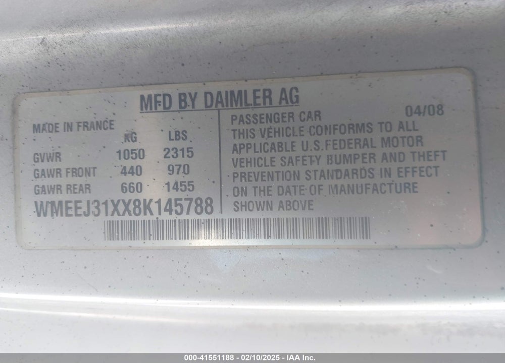 2008 SMART FORTWO PASSION/PURE VIN: WMEEJ31XX8K145788