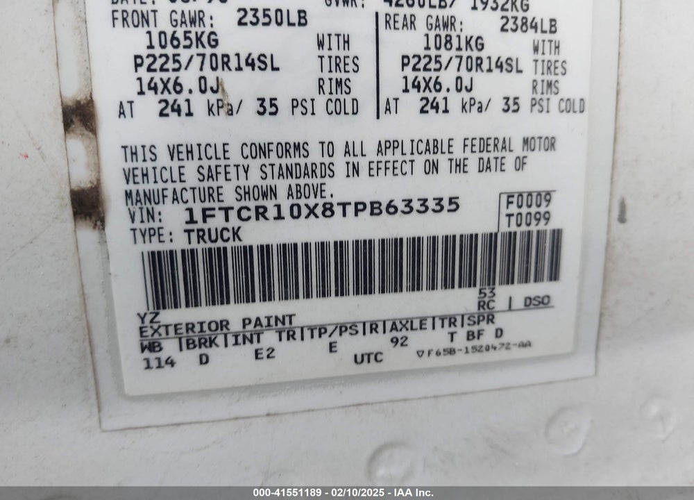 1996 FORD RANGER VIN: 1FTCR10X8TPB63335