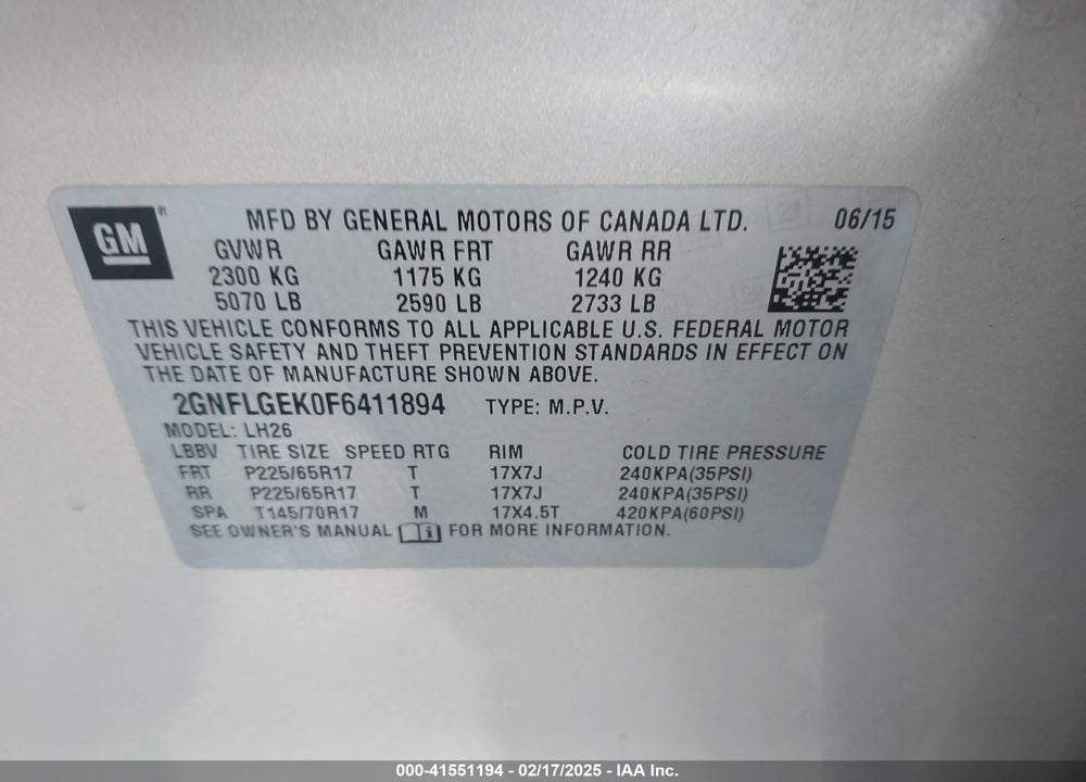 2015 CHEVROLET EQUINOX 2LT VIN: 2GNFLGEK0F6411894