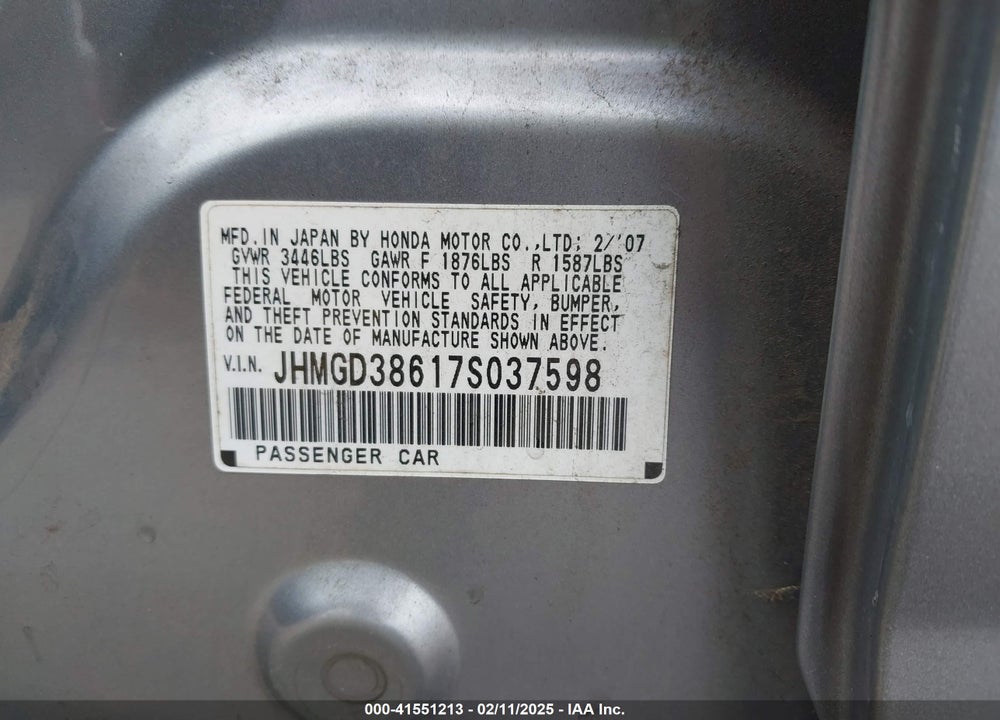 2007 HONDA FIT SPORT VIN: JHMGD38617S037598
