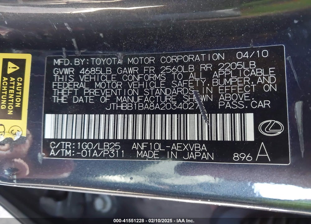 2010 LEXUS HS 250H VIN: JTHBB1BA8A2034027