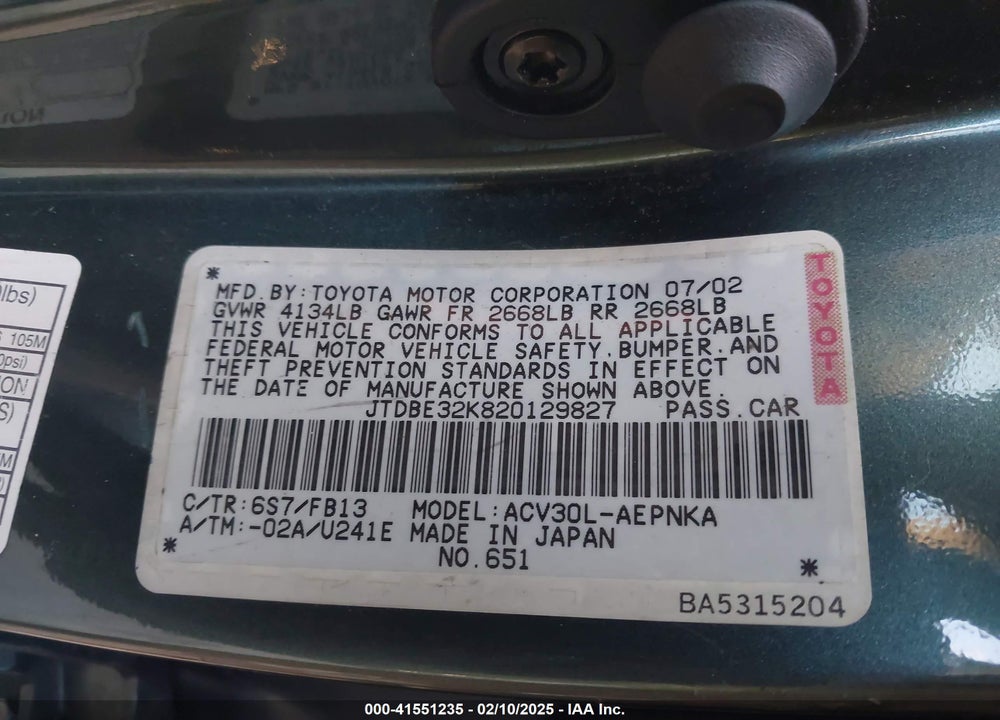2002 TOYOTA CAMRY LE VIN: JTDBE32K820129827