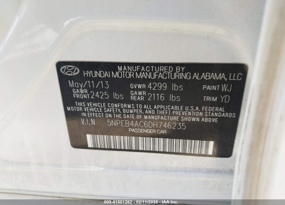 2013 HYUNDAI SONATA VIN: 5NPEB4AC6DH746235