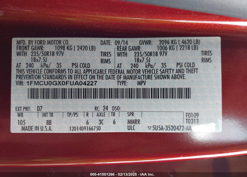 2015 FORD ESCAPE SE VIN: 1FMCU0GX0FUA04227
