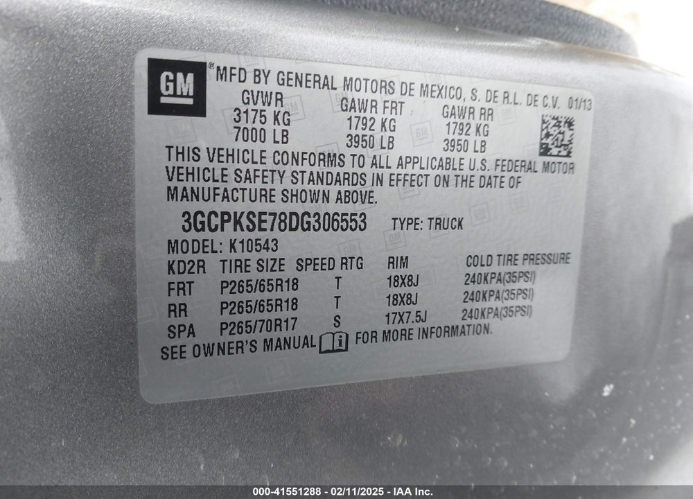 2013 CHEVROLET SILVERADO 1500 VIN: 3GCPKSE78DG306553
