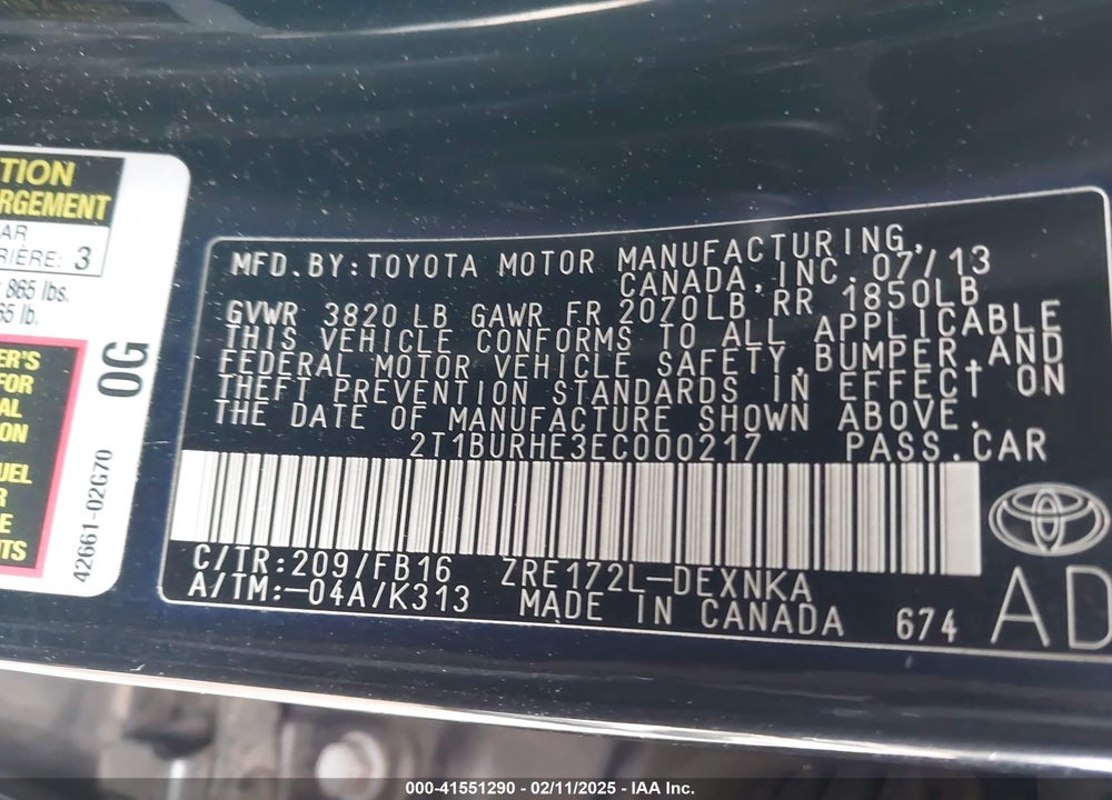 2014 TOYOTA COROLLA VIN: 2T1BURHE3EC000217