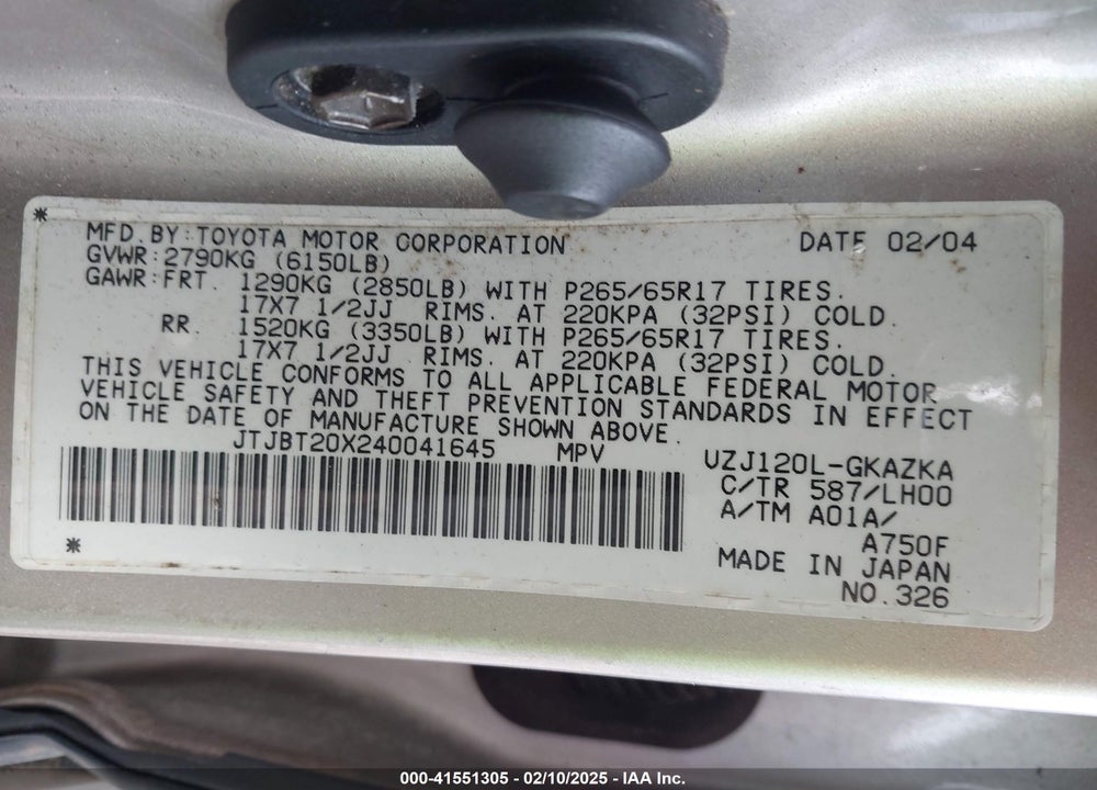 2004 LEXUS GX 470 VIN: JTJBT20X240041645