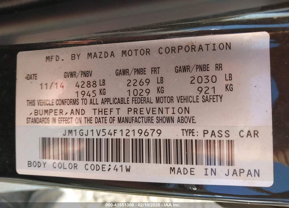 2015 MAZDA 6 I TOURING VIN: JM1GJ1V54F1219679