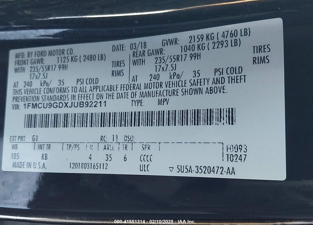 2018 FORD ESCAPE VIN: 1FMCU9GDXJUB92211
