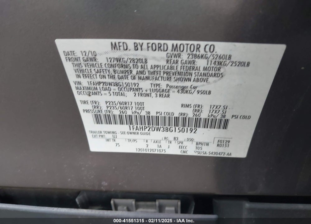 2011 FORD TAURUS SE VIN: 1FAHP2DW3BG150192