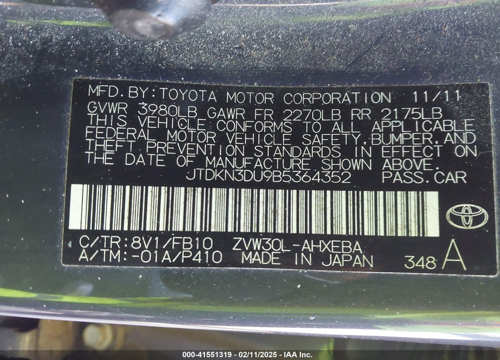 2011 TOYOTA PRIUS TWO VIN: JTDKN3DU9B5364352
