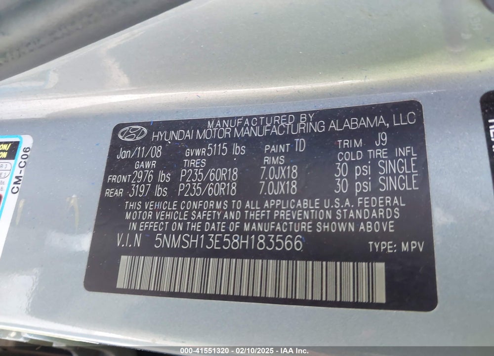 2008 HYUNDAI SANTA FE LIMITED/SE VIN: 5NMSH13E58H183566