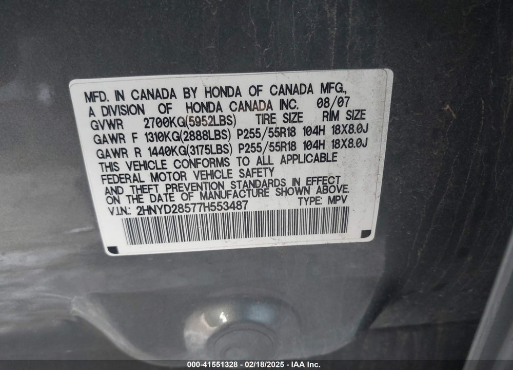 2007 ACURA MDX SPORT PACKAGE VIN: 2HNYD28577H553487