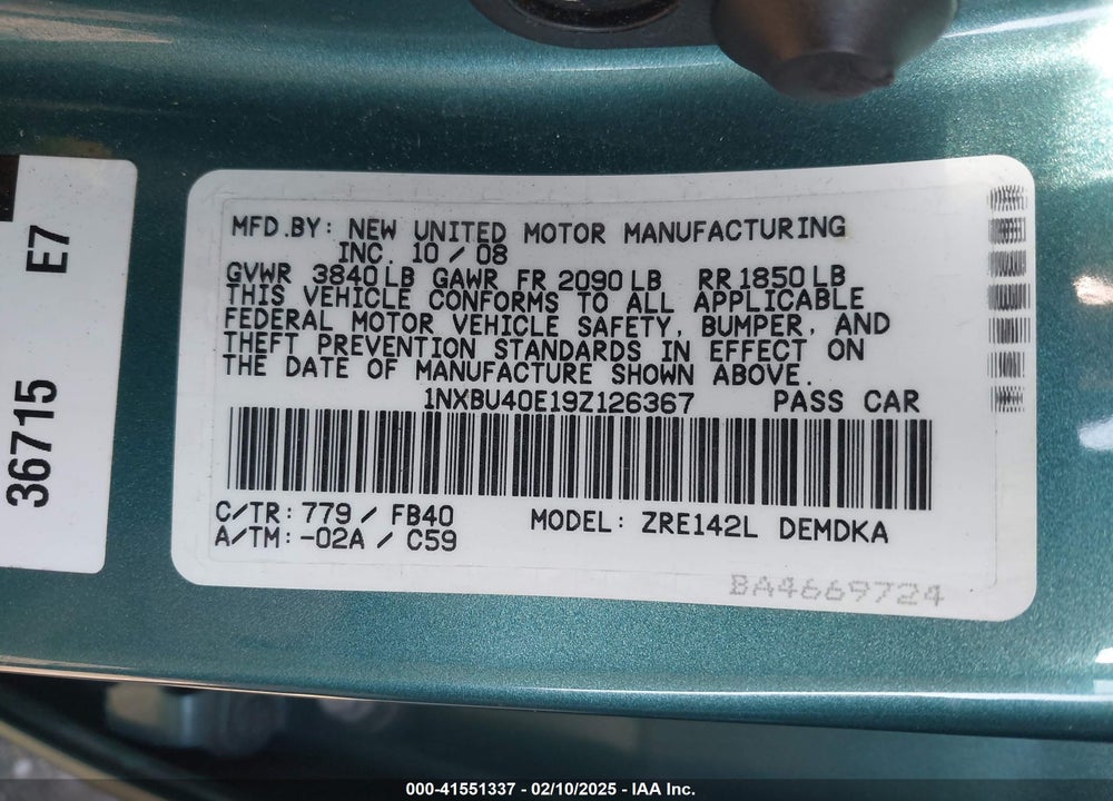 2009 TOYOTA COROLLA VIN: 1NXBU40E19Z126367