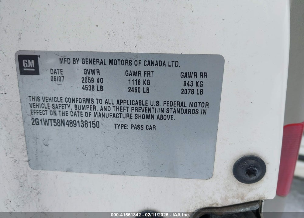 2008 CHEVROLET IMPALA VIN: 2G1WT58N489138150