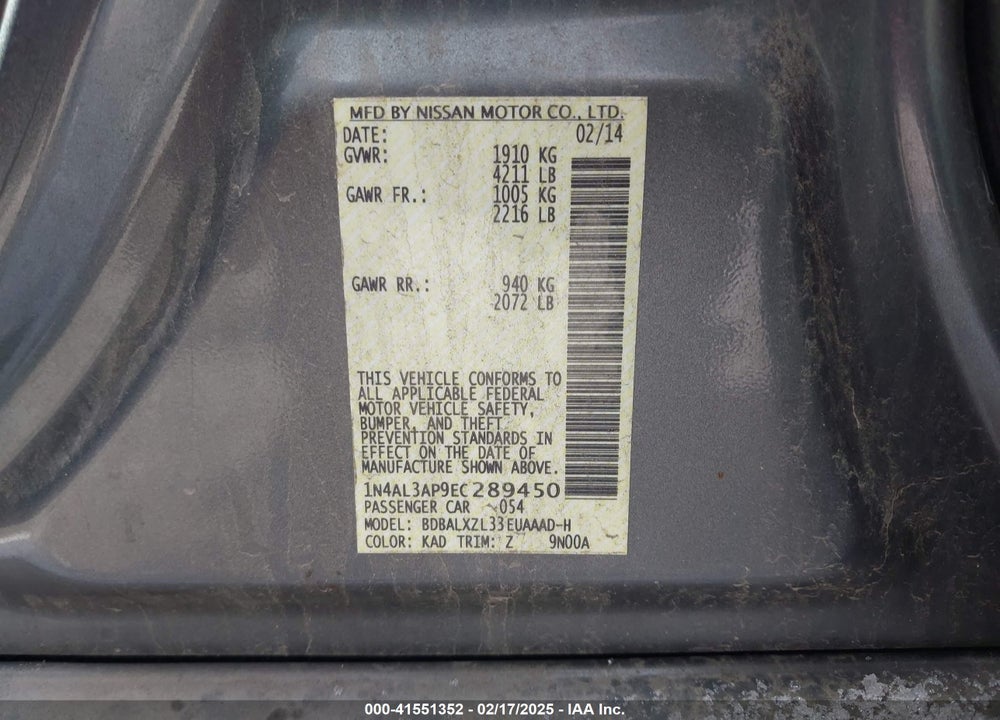 2014 NISSAN ALTIMA VIN: 1N4AL3AP9EC289450