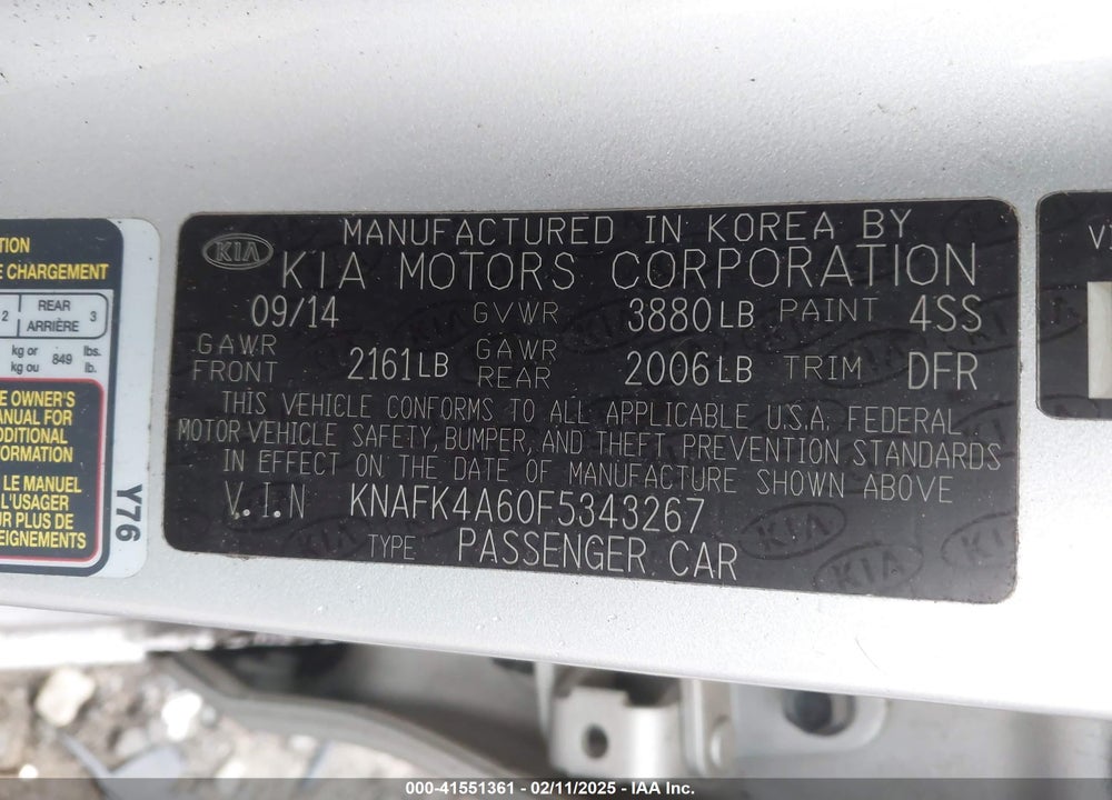 2015 KIA FORTE LX VIN: KNAFK4A60F5343267