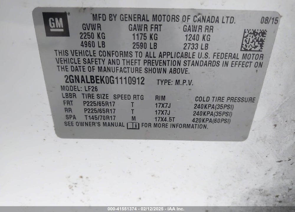 2016 CHEVROLET EQUINOX LS VIN: 2GNALBEK0G1110912