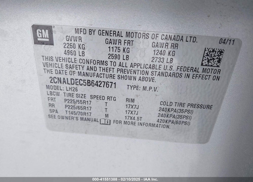 2011 CHEVROLET EQUINOX VIN: 2CNALDEC5B6427671