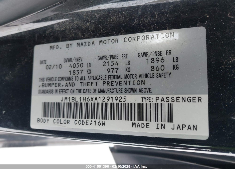 2010 MAZDA MAZDA3 VIN: JM1BL1H6XA1291925
