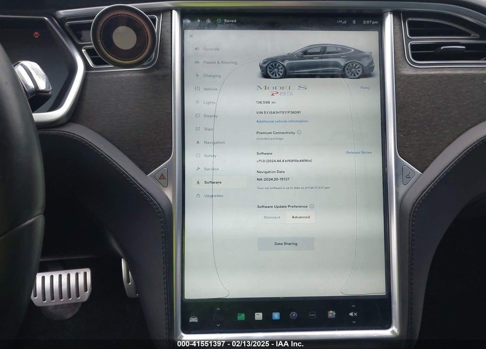 2014 TESLA MODEL S VIN: 5YJSA1H11EFP36091