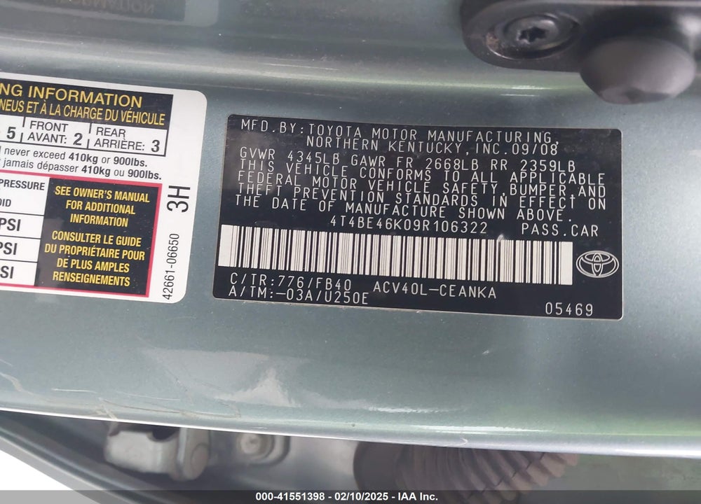 2009 TOYOTA CAMRY VIN: 4T4BE46K09R106322