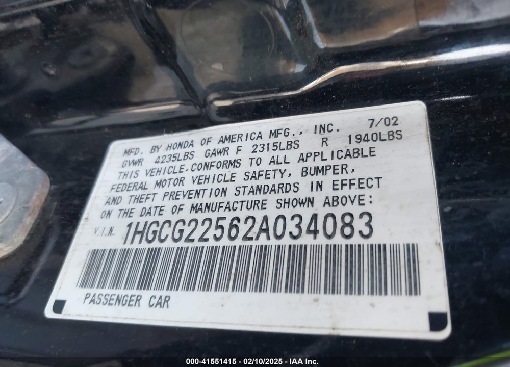 2002 HONDA ACCORD VIN: 1HGCG22562A034083
