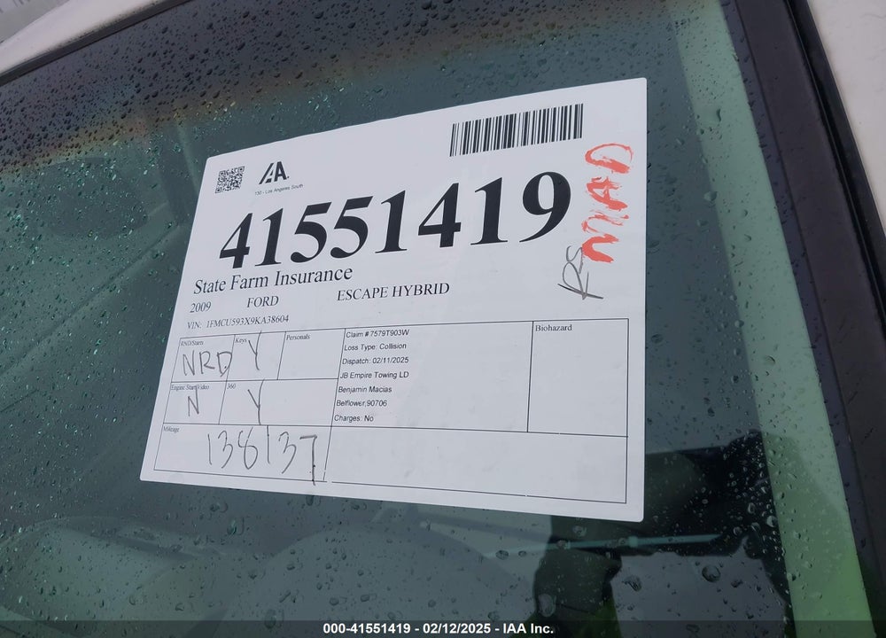 2009 FORD ESCAPE HYBRID LIMITED VIN: 1FMCU593X9KA38604