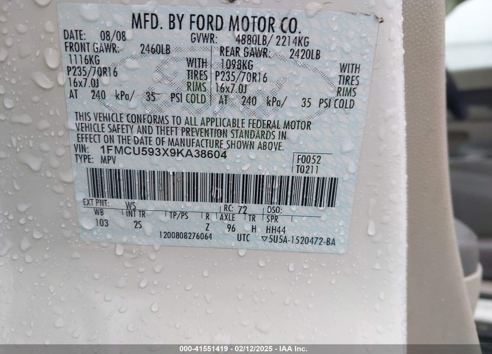 2009 FORD ESCAPE HYBRID LIMITED VIN: 1FMCU593X9KA38604