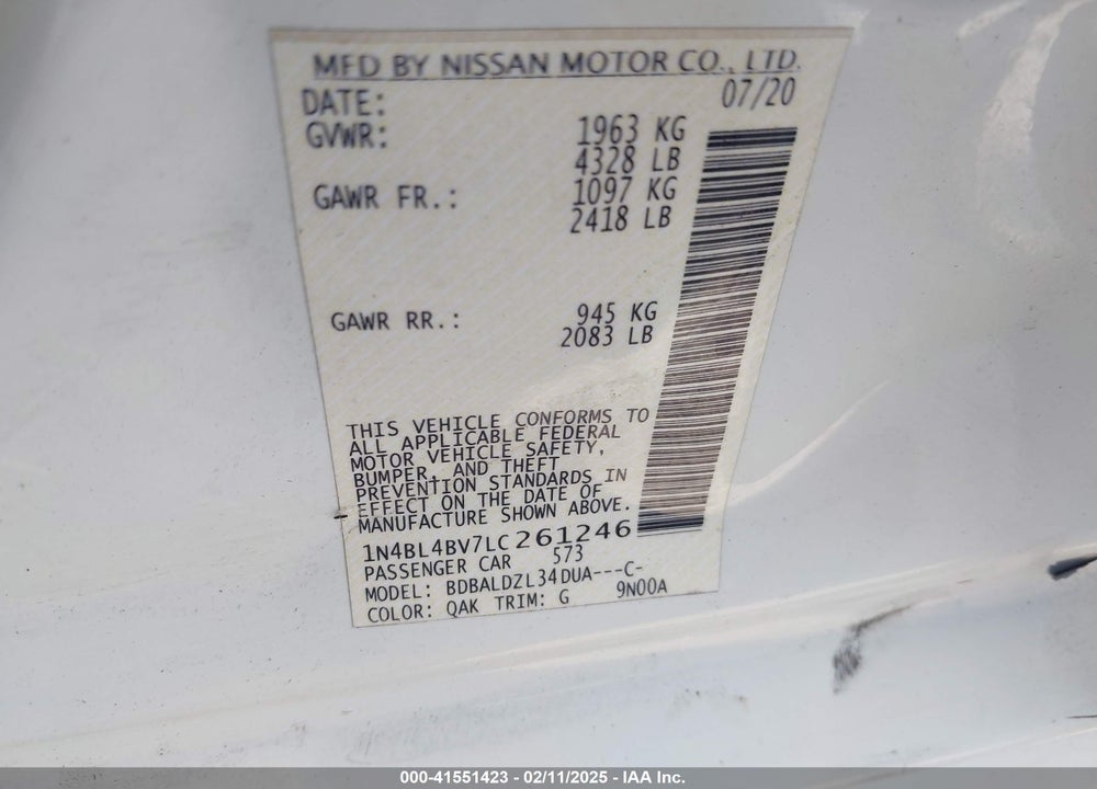 2020 NISSAN ALTIMA VIN: 1N4BL4BV7LC261246