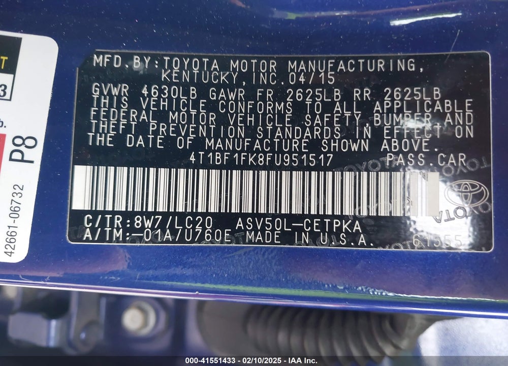 2015 TOYOTA CAMRY VIN: 4T1BF1FK8FU951517