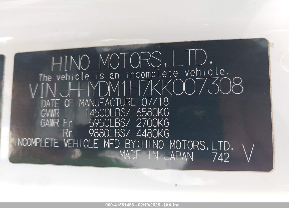 2019 HINO XJC720/XFC720 VIN: JHHYDM1H7KK007308