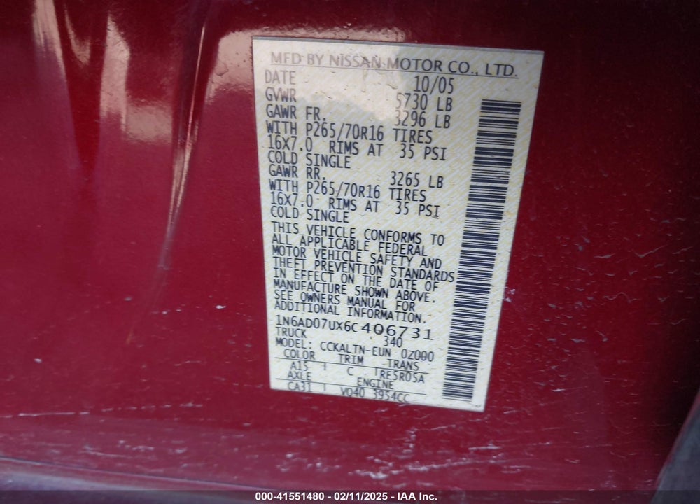 2006 NISSAN FRONTIER VIN: 1N6AD07UX6C406731